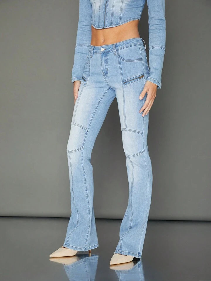 CM-BS548654 Women Casual Seoul Style Drop Waist Skinny Bootcut Denim Jeans - Blue