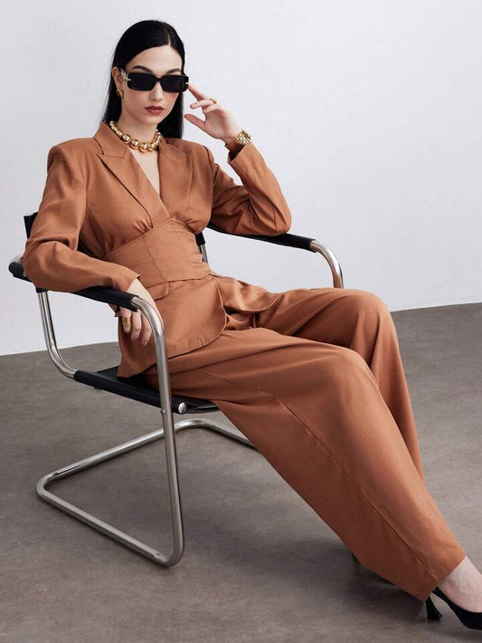 CM-SS265938 Women Elegant Seoul Style Shawl Collar Blazer Suit With Waist Band Long Pants - Set
