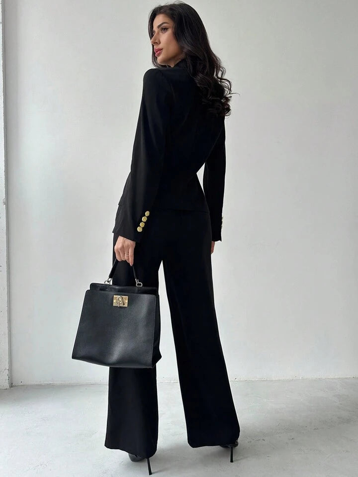 CM-SS144491 Women Elegant Seoul Style Lapel Neckline Front Button Long Sleeve Blouse With Long Pants Suit - Black