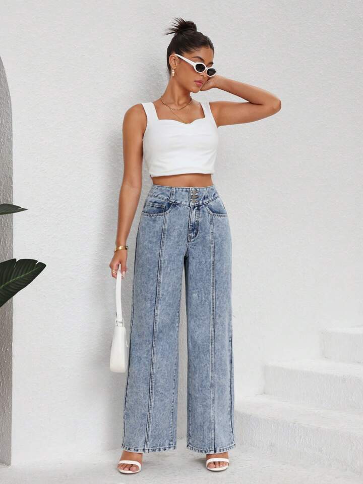 CM-BS591917 Women Casual Seoul Style Light Wash High Waist Seam Detail Straight Leg Jeans