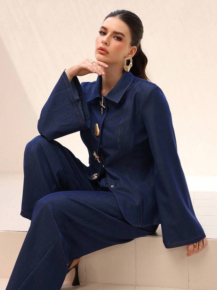 CM-SS555905 Women Elegant Seoul Style Metal Button Decor Long Sleeve Denim Top With High Waist Wide Leg Pants - Set