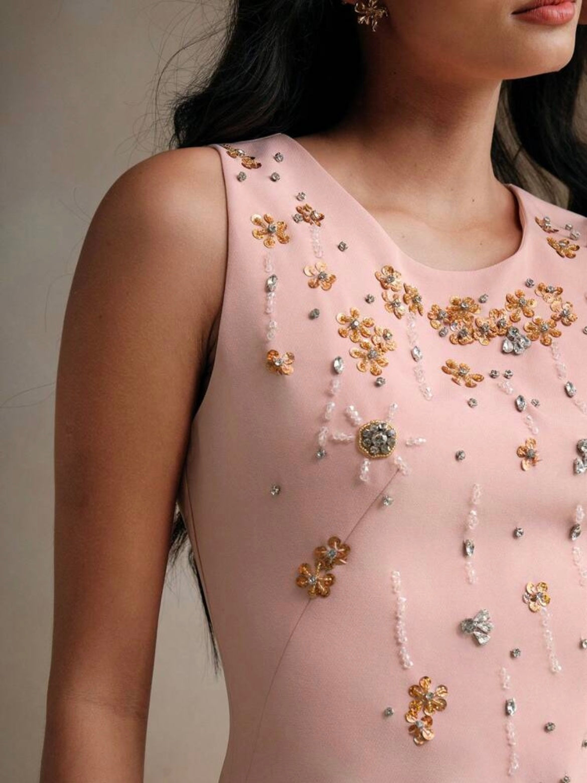 CM-DS241441 Women Elegant Seoul Style Round Neck Sleeveless Beaded Waist-Cinched Short Dress - Baby Pink