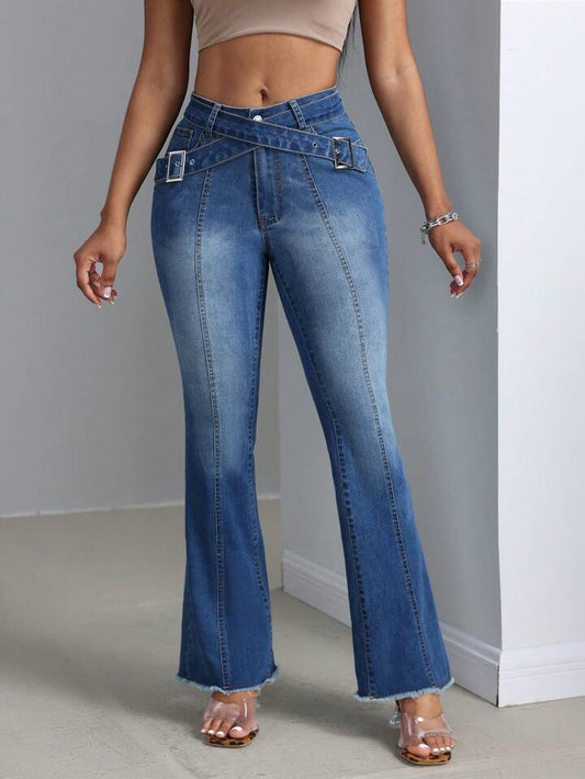 CM-BS049210 Women Casual Seoul Style High Waist Cross-Over Frayed Hem Flared Jeans - Blue