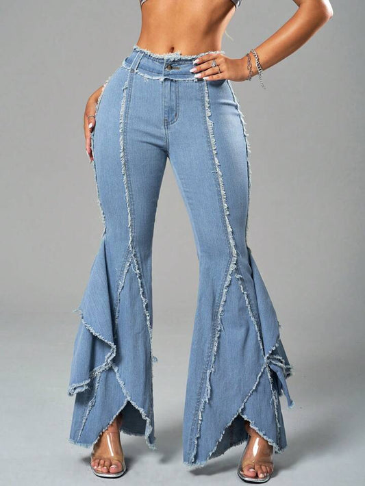 CM-BS291409 Women Casual Seoul Style Light Wash Raw Edge High-Waist Flared Denim Jeans