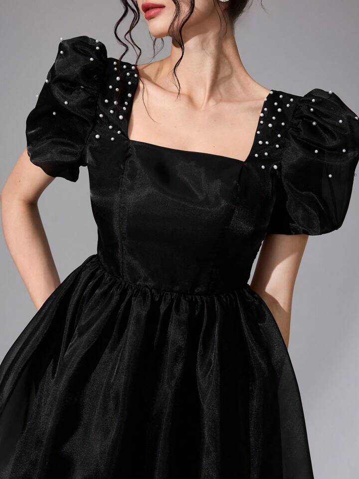 CM-DS577797 Women Elegant Seoul Style Square Neck Puff Sleeve High Waist Short Dress - Black