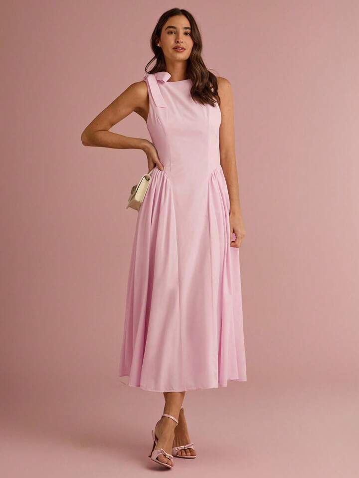 CM-DS311915 Women Elegant Seoul Style Bowknot Shoulder Sleeveless Pleated Long Dress - Pink