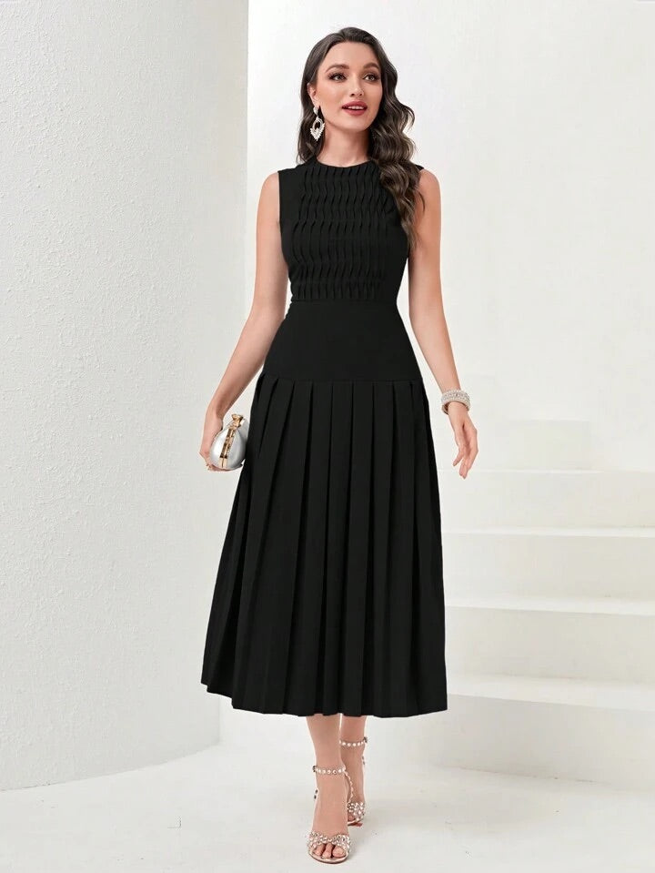CM-DS703515 Women Elegant Seoul Style Sleeveless Solid Pleated Hem Dress - Black