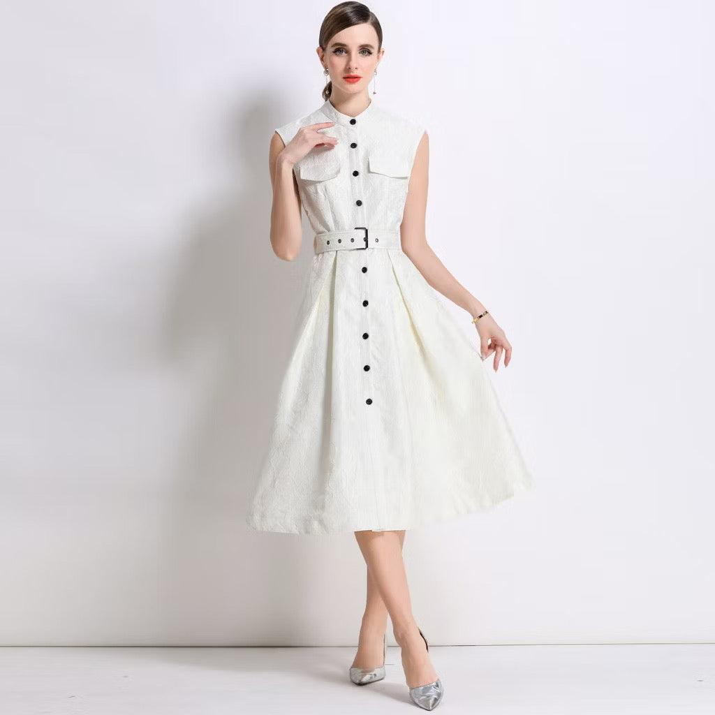 CM-DY054300 Women Elegant European Style Stand Collar Sleeveless Slim Mid-Length Dress - Apricot