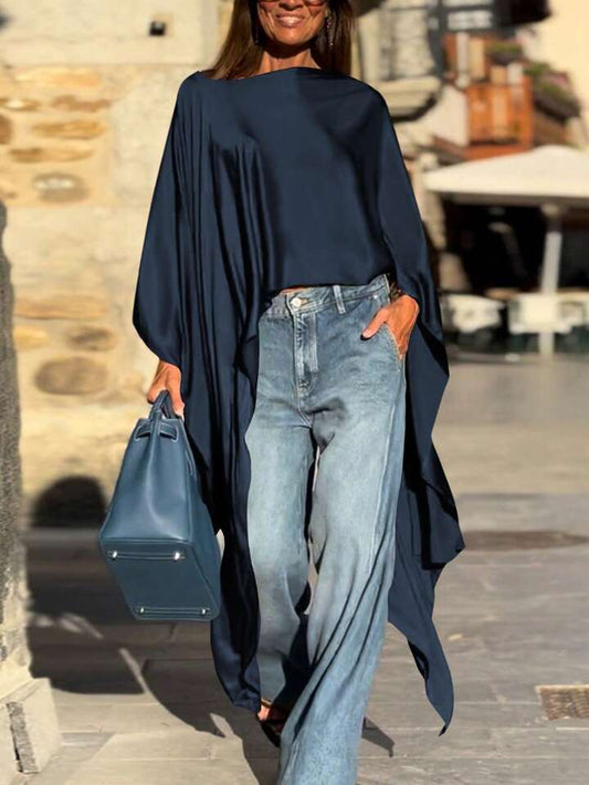 CM-TS586807 Women Casual Seoul Style Round Neck Batwing Sleeve Asymmetrical Long Shirt - Navy Blue