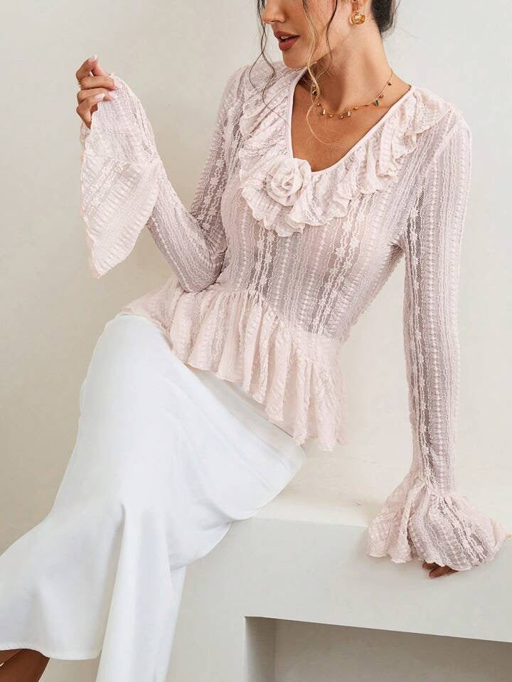 CM-TS783398 Women Casual Seoul Style Lace V-Neck Ruffle Hem Long Sleeve T-Shirt - Pink