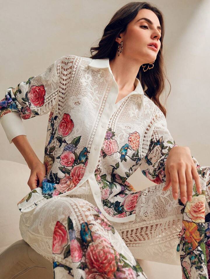 CM-SS045270 Women Elegant Seoul Style Multicolor Print Lace Long Sleeve Shirt With Wide Leg Pants - Set