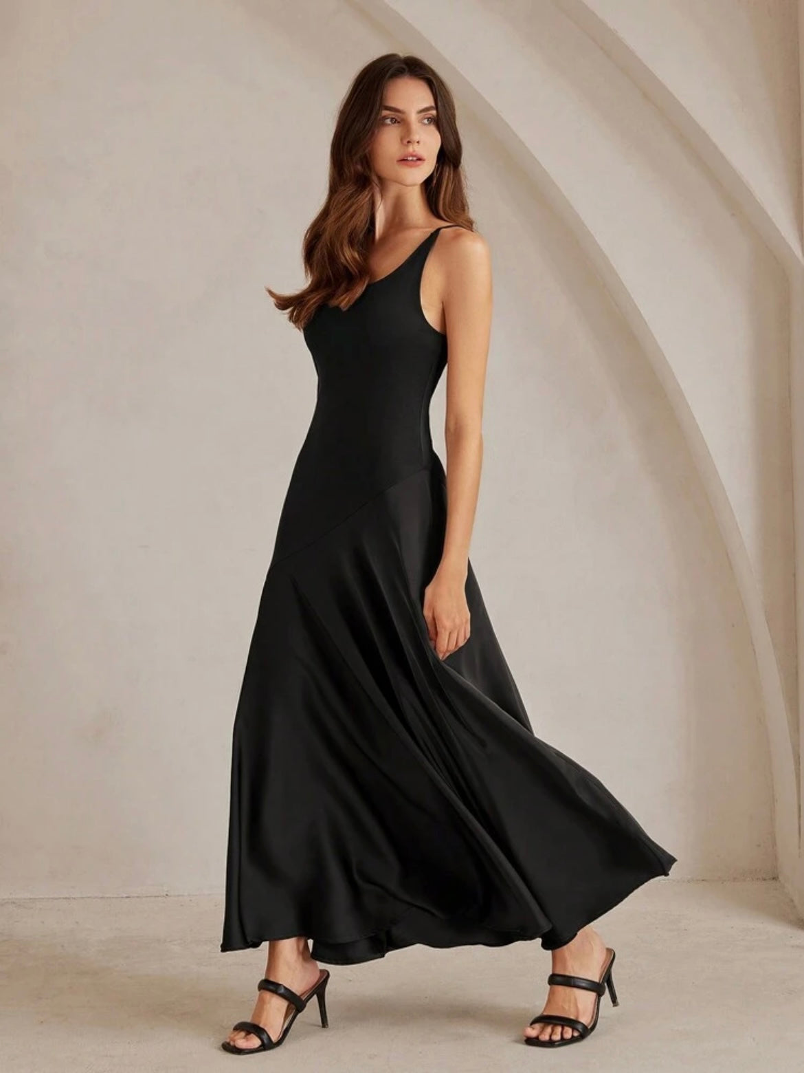 CM-DS475985 Women Elegant Seoul Style Solid Color Minimalist Spaghetti Strap Maxi A-Line Dress - Black