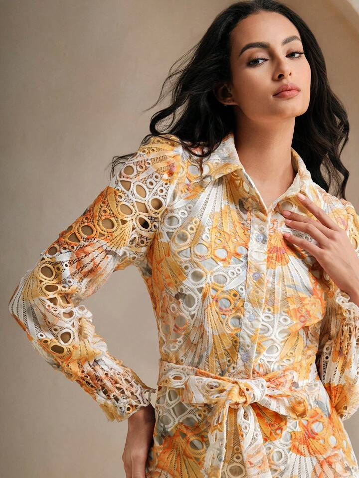 CM-DS592268 Women Trendy Bohemian Style Collared Long Sleeve Tie-Up Floral Hollow-Out Two-Layer Dress