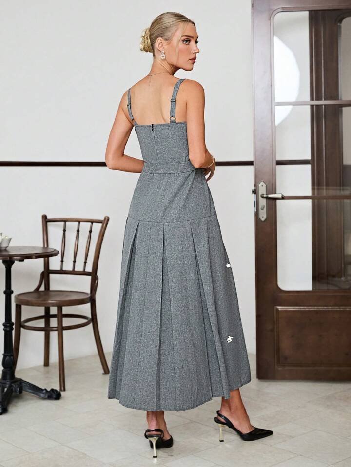 CM-DS414944 Women Elegant Seoul Style Spaghetti Strap Sleeveless Beaded Dress - Dark Gray