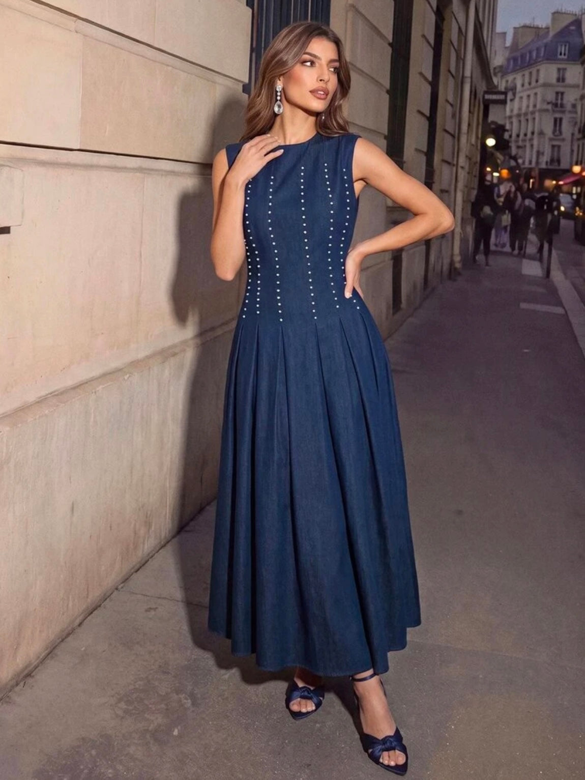 CM-DS438479 Women Elegant Seoul Style Round Neck Sleeveless Pearl Decor Waist-Cinched A-Line Pleated Long Denim Dress