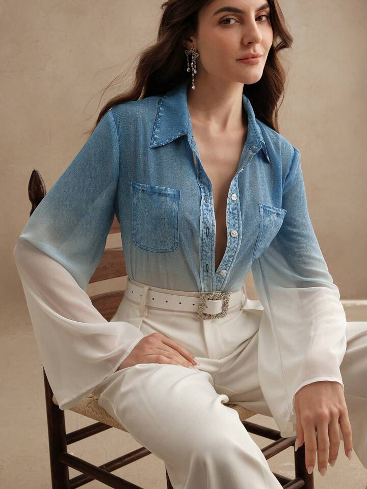 CM-TS772007 Women Casual Seoul Style Chiffon Fabric Imitation Denim Gradient Long Sleeved Shirt - Blue