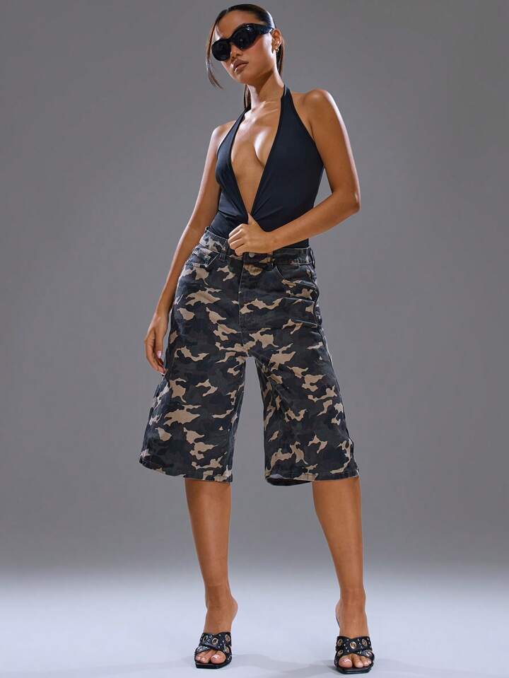 CM-BS524205 Women Casual Seoul Style Oversized Camo Longline Low Waist Jorts