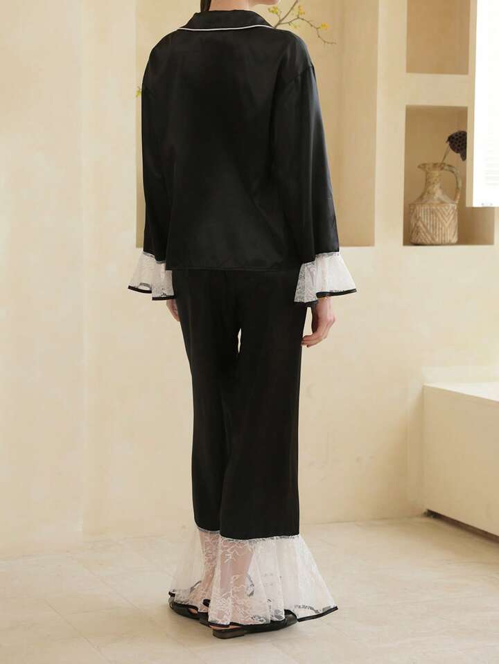 CM-LS324129 Women Trendy Seoul Style Lace Front Lapel Neckline Long Sleeve Pajama Set