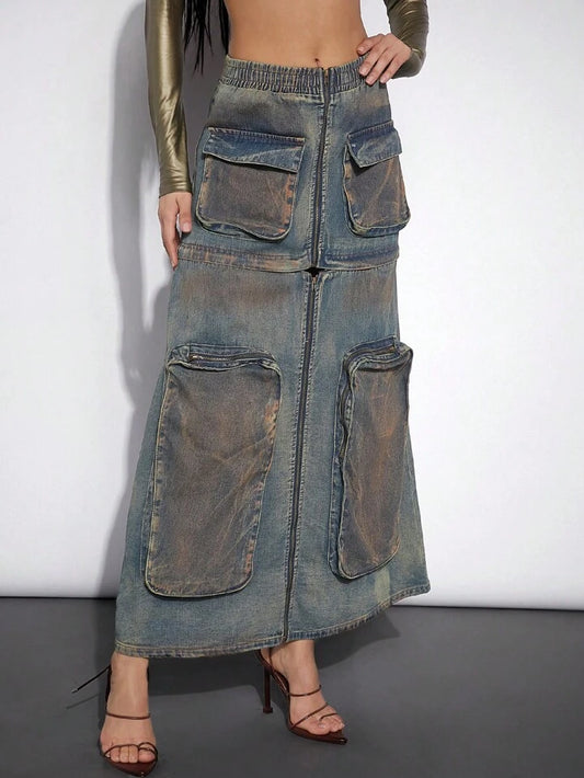 CM-BS199557 Women Preppy Seoul Style High Waist Loose Denim Tooling Pocket Skirt
