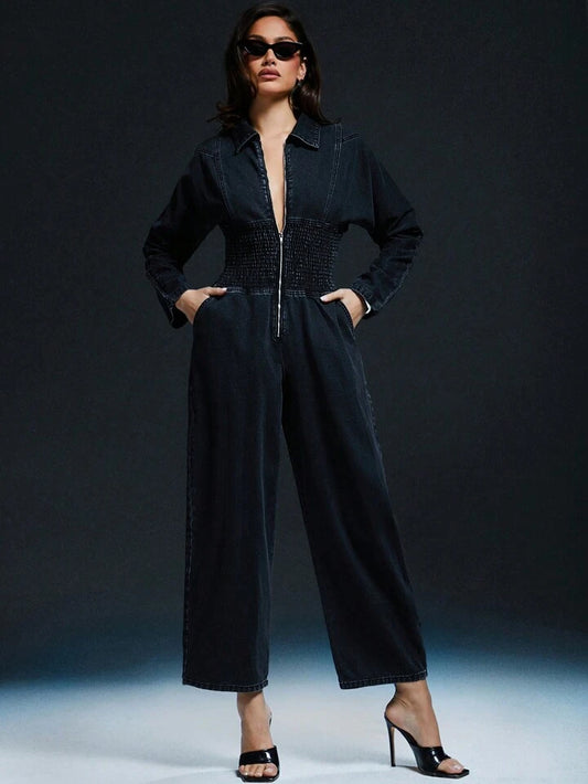 CM-JS488882 Women Casual Seoul Style Solid Color Front Zipper Long Sleeve Pocket Jumpsuit - Black