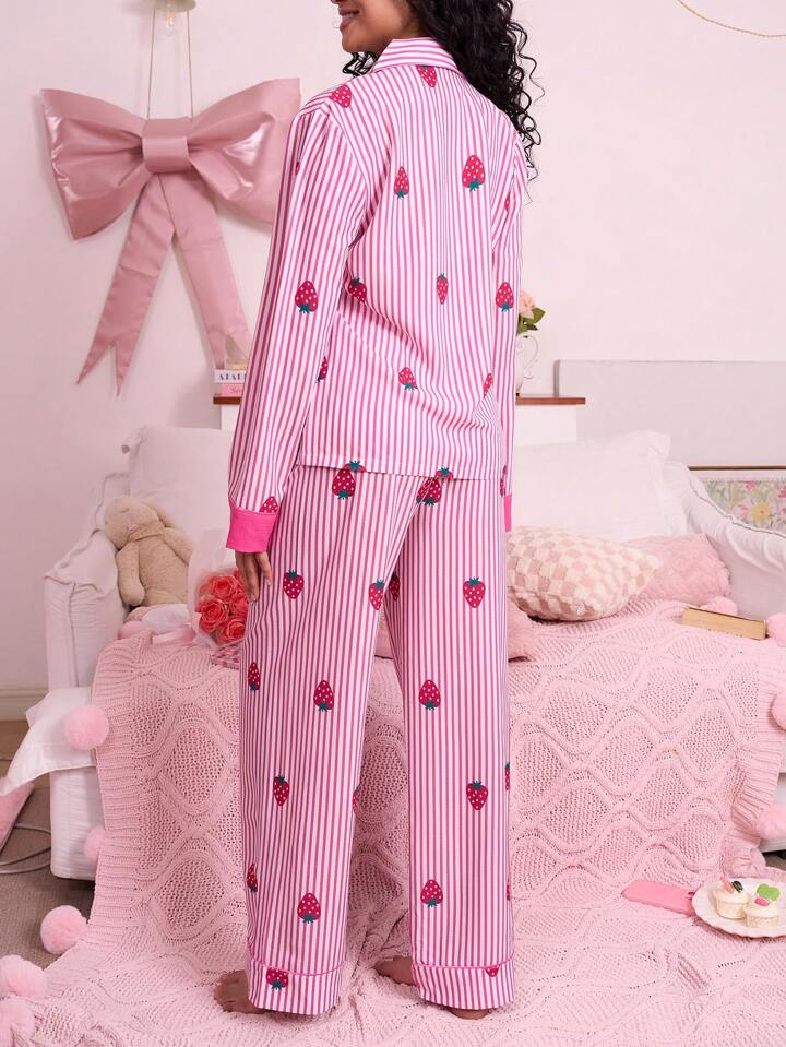 CM-LS706017 Women Trendy Seoul Style Striped Strawberry Bubble Print Pajama Set