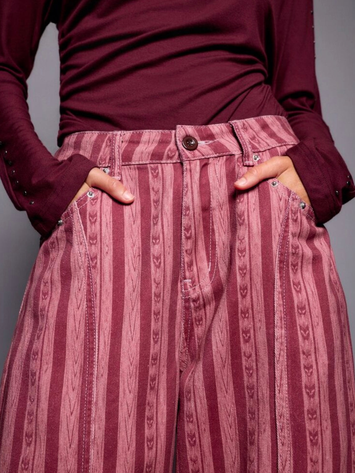 CM-BS265839 Women Elegant Seoul Style Mid Waist Striped Loose-Fitting Flare Leg Trousers - Hot Pink
