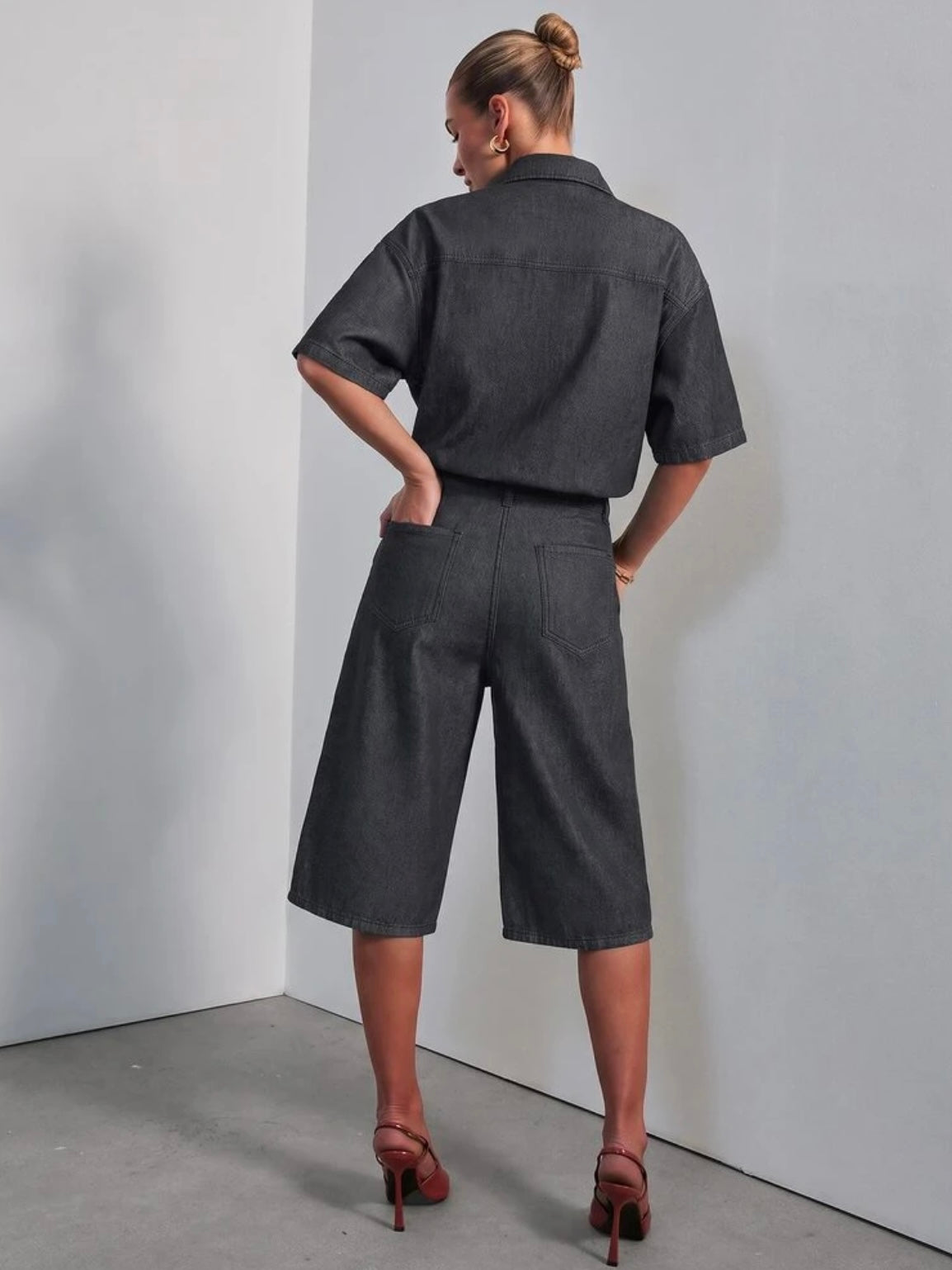 CM-JS853091 Women Casual Seoul Style Collared Short Sleeve Relaxed Denim Jumpsuit - Black