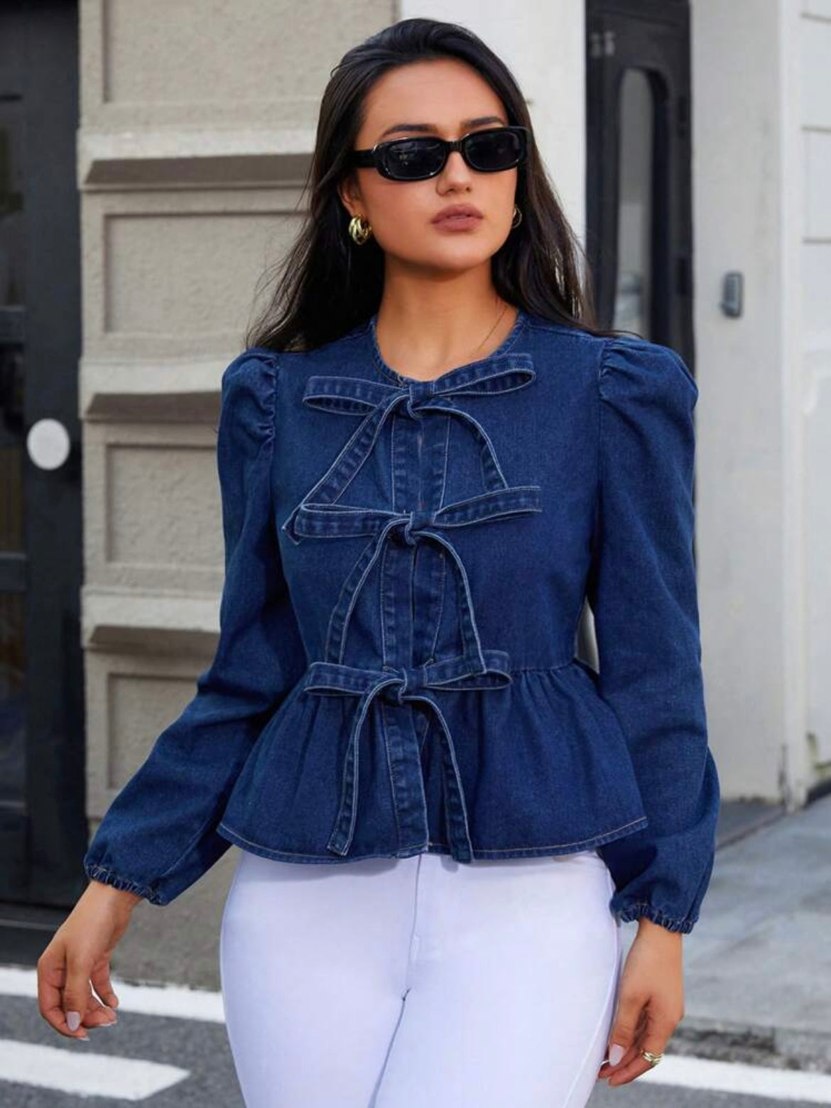 CM-TS244043 Women Casual Seoul Style Dark Wash Round Neck Bow Decor Long Sleeve Denim Blouse