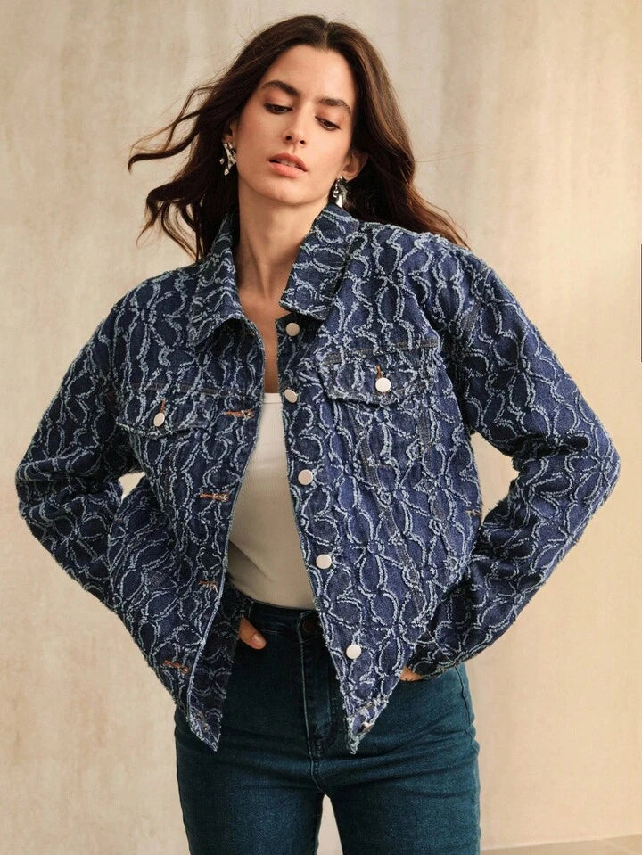 CM-CS134419 Women Casual Seoul Style Collar Neckline Long Sleeve Jacquard Denim Jacket - Blue
