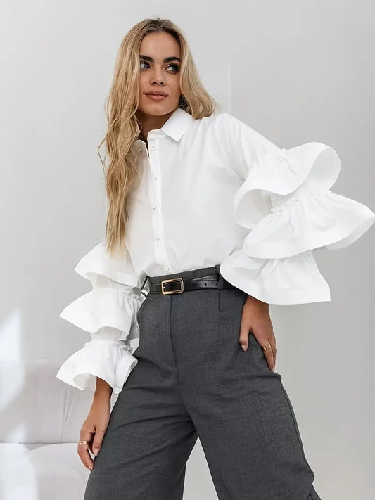 CM-TT105907 Women Elegant Seoul Style Botton Front Ruffle Trim Long Sleeve Blouse - White