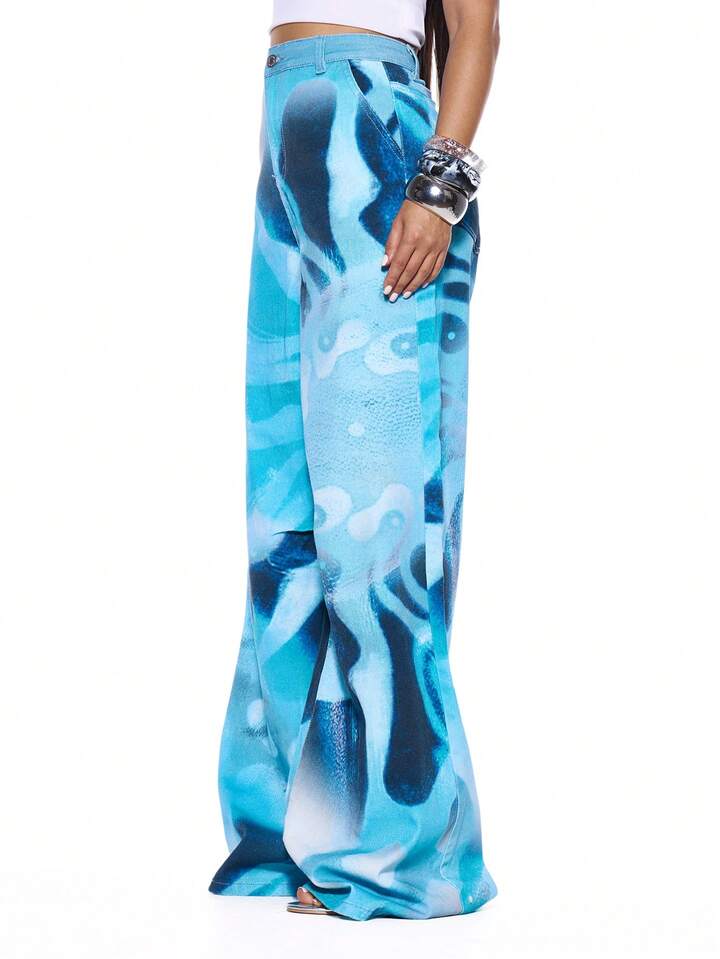 CM-BS267447 Women Casual Seoul Style Low Waist Graphic Print Baggy Loose Fit Wide Leg Jeans - Blue