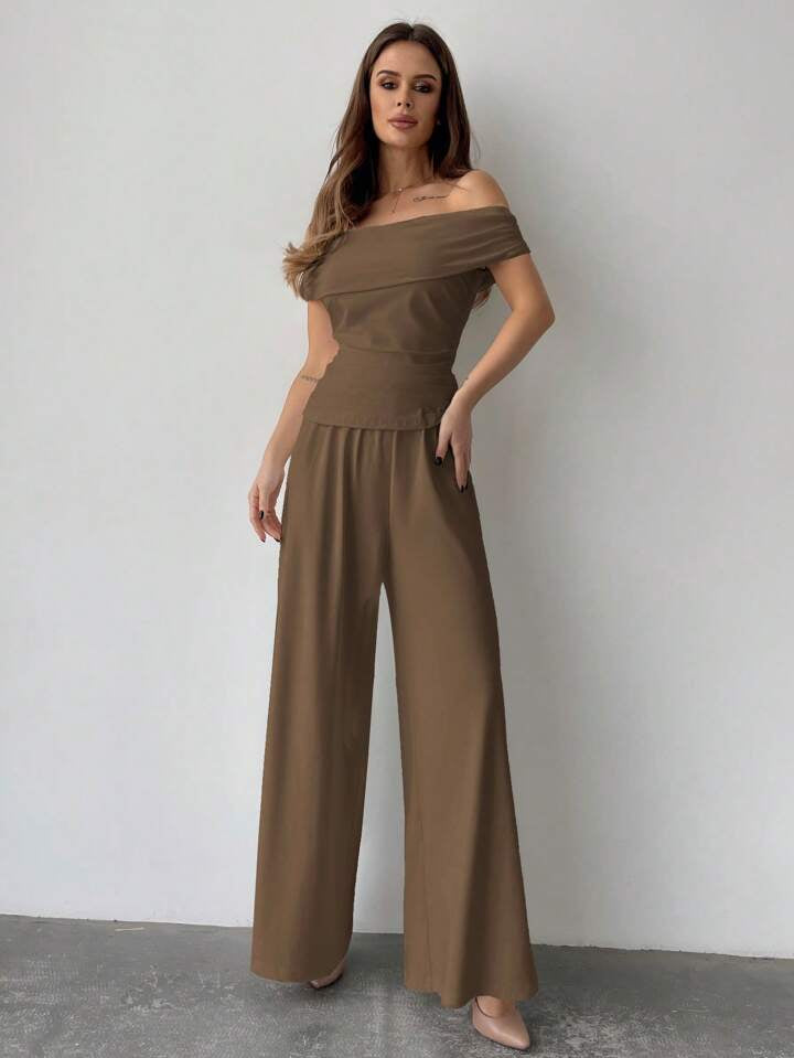 CM-SS444214 Women Elegant Seoul Style Off-Shoulder Pleated Top With Wide Leg Pants - Set