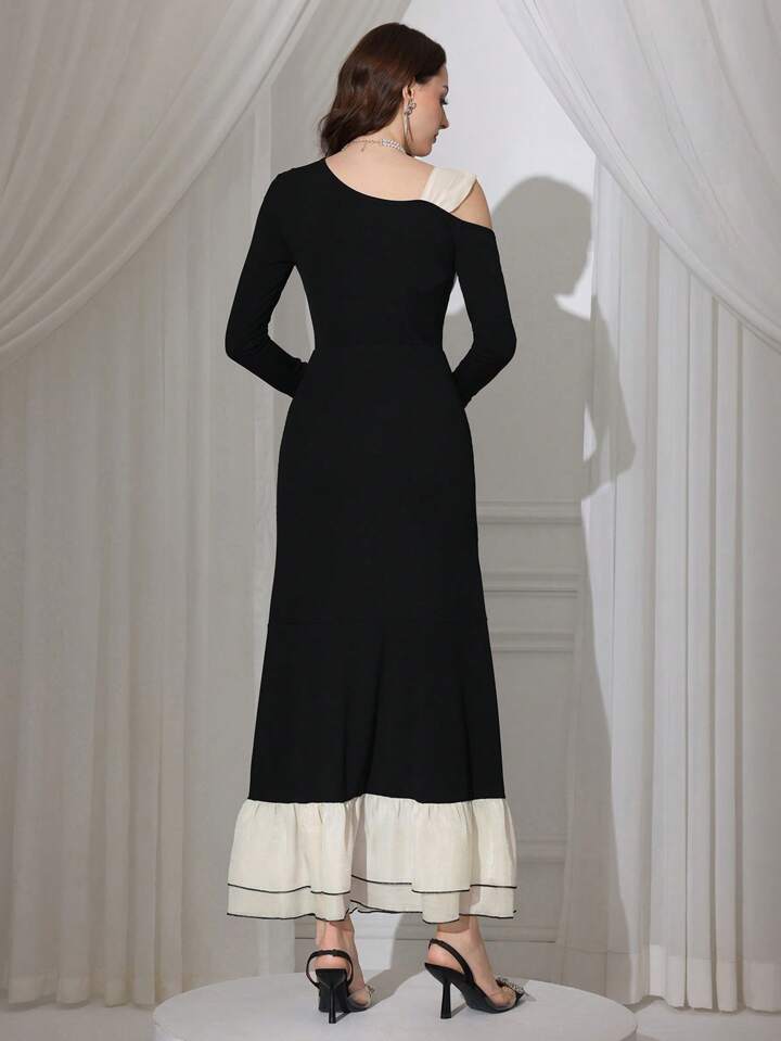 CM-DS763665 Women Elegant Seoul Style Bow Decor Asymmetrical Neck Long Sleeve Dress - Black