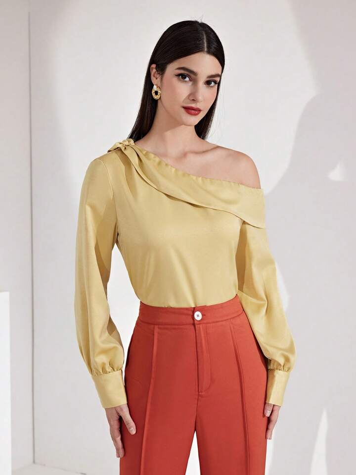 CM-TS672724 Women Casual Seoul Style Asymmetrical Collar Neckline Long Sleeve Shirt
