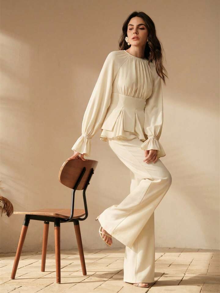 CM-SS834729 Women Elegant Seoul Style Round Neck Long Sleeve Chiffon Patchwork Blouse With Flared Leg Pants - Set