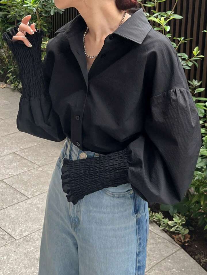 CM-TS551571 Women Casual Seoul Style Drop Shoulder Long Sleeve Single Breasted Shirt - Black