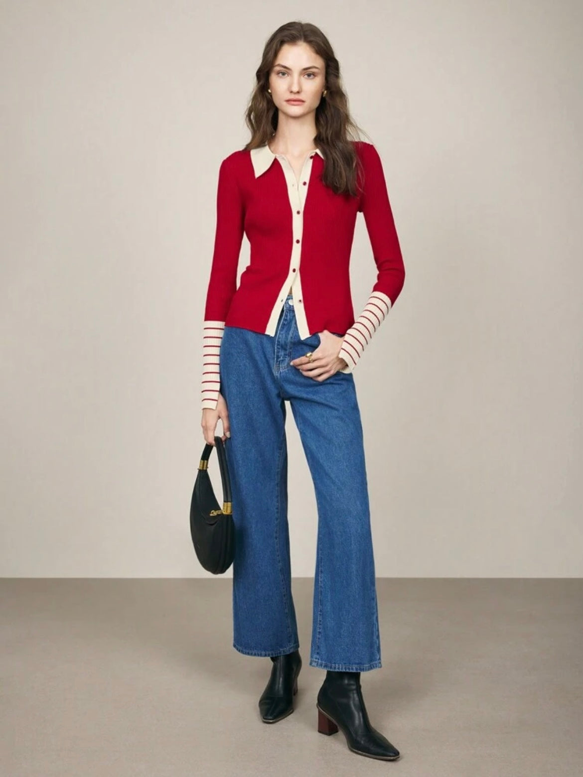 CM-CS006001 Women Casual Seoul Style Striped Long Sleeve Button-Up Rib Knit Sweater - Red