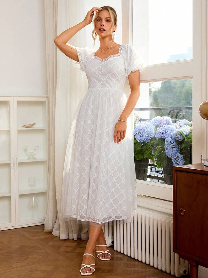 CM-DS057651 Women Elegant Seoul Style Sweetheart Neckline Puff Sleeve Mesh Tulle Dress - White