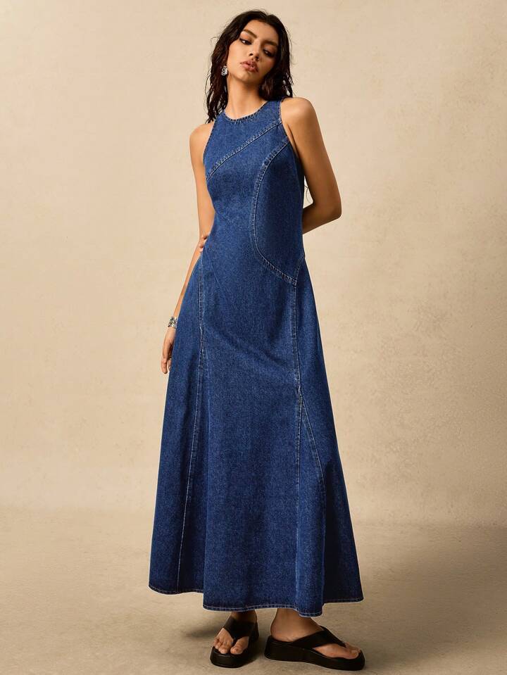 CM-DS674256 Women Casual Seoul Style Round Neck Sleeveless Mid Waist Split Loose Denim Dress - Blue