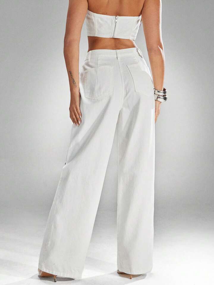 CM-BS332004 Women Casual Seoul Style Low Waist Straight Leg Cut Out Design Denim Jeans - White