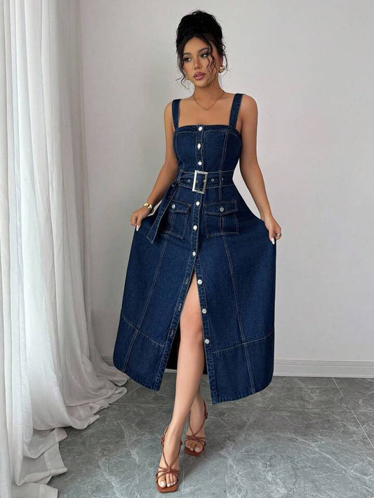 CM-DS261711 Women Elegant Seoul Style Dark Wash Flip Pocket Single-Breasted Buckle Belted Denim Strap Dress