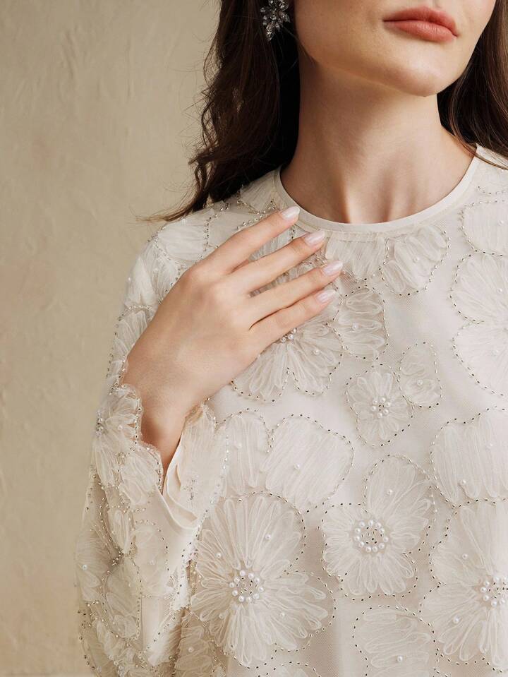 CM-TS303207 Women Elegant Seoul Style Round Neck Long Sleeve Floral Beaded Sheer Blouse - Apricot