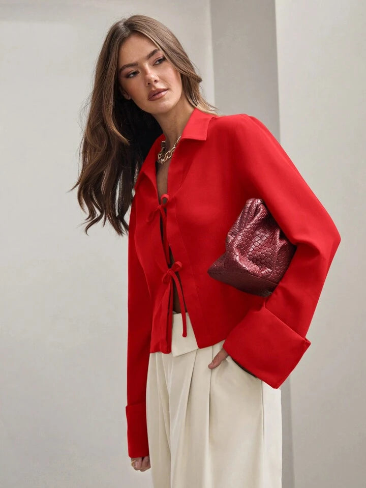 CM-TS896830 Women Trendy Bohemian Style Shirt Collar Front Tie Long Sleeve Shirt - Red
