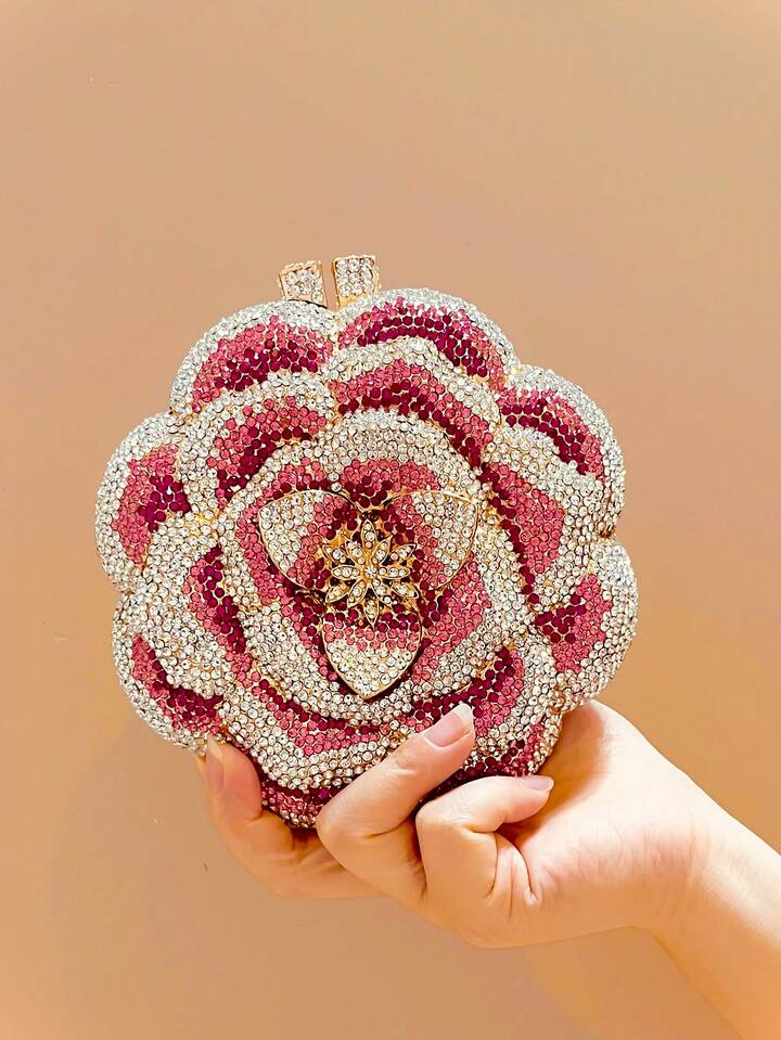 CM-BGS009642 Women Elegant Seoul Style Floral Design Rhinestone Crystal Handmade Clutch Bag - Pink