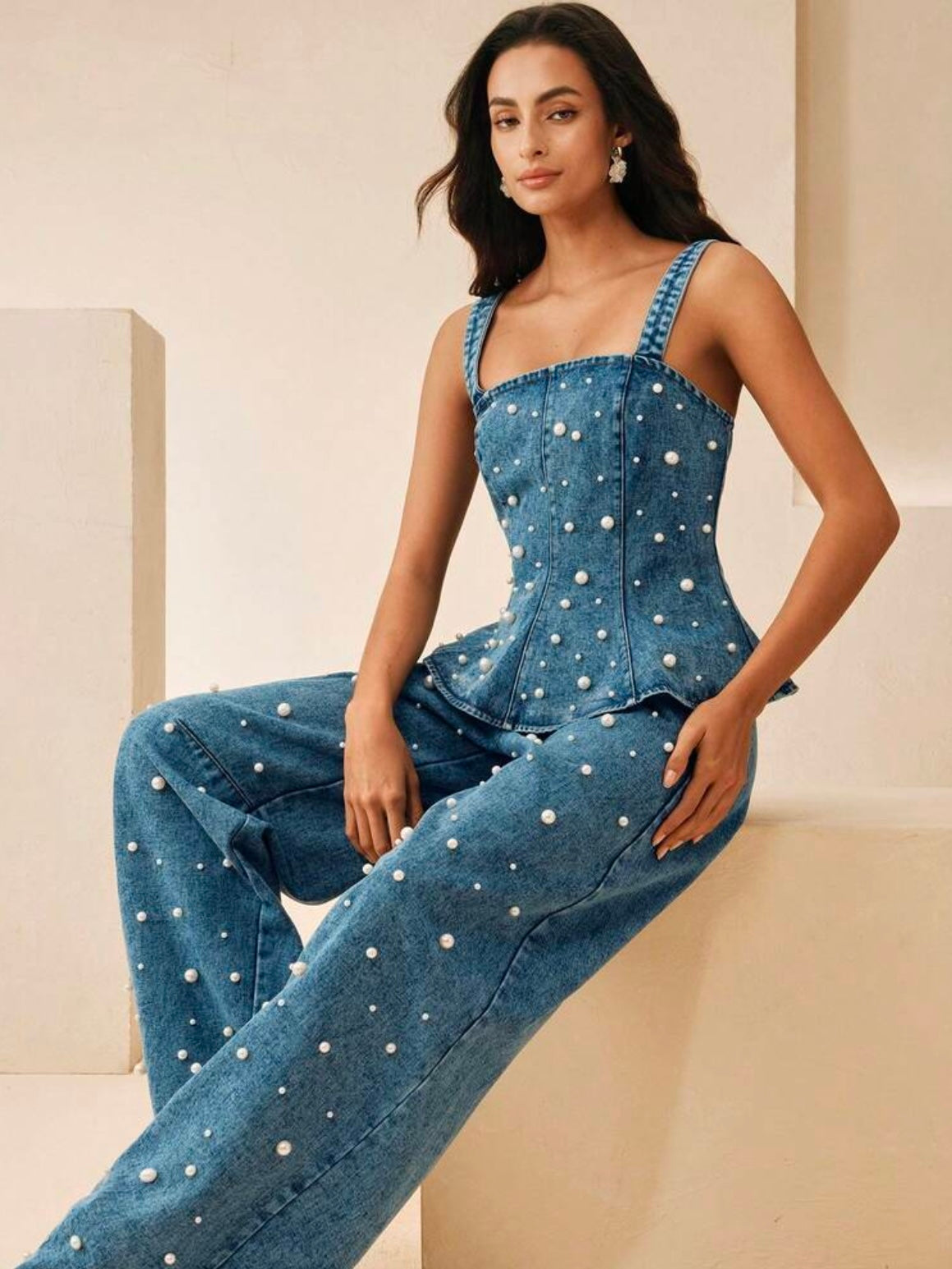 CM-SS900958 Women Elegant Seoul Style Pearl Beaded Ruffle Denim Camisole Top With High-Waisted Curved Jeans - Set