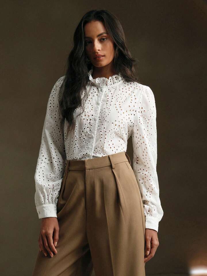 CM-TS725422 Women Trendy Bohemian Style Lace Hollow Stand Collar Lantern Sleeve Blouse - White