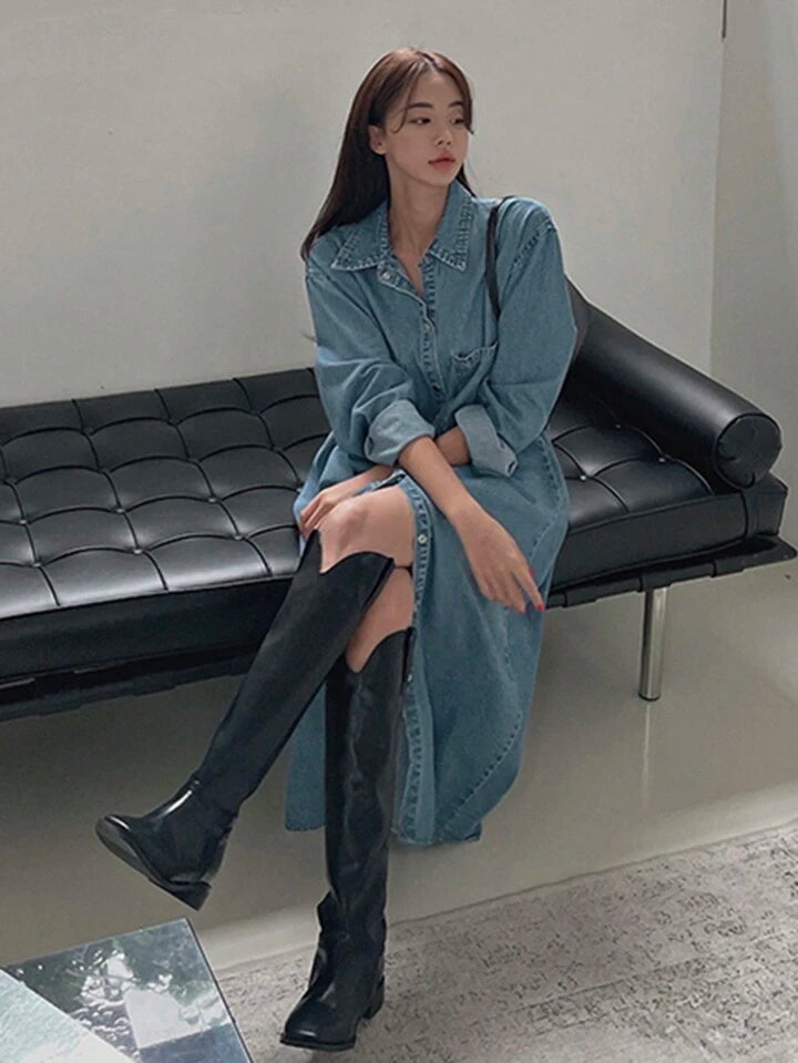 CM-DS093431 Women Casual Seoul Style Front Button Closure Dropped Shoulder Loose Denim Dress - Blue