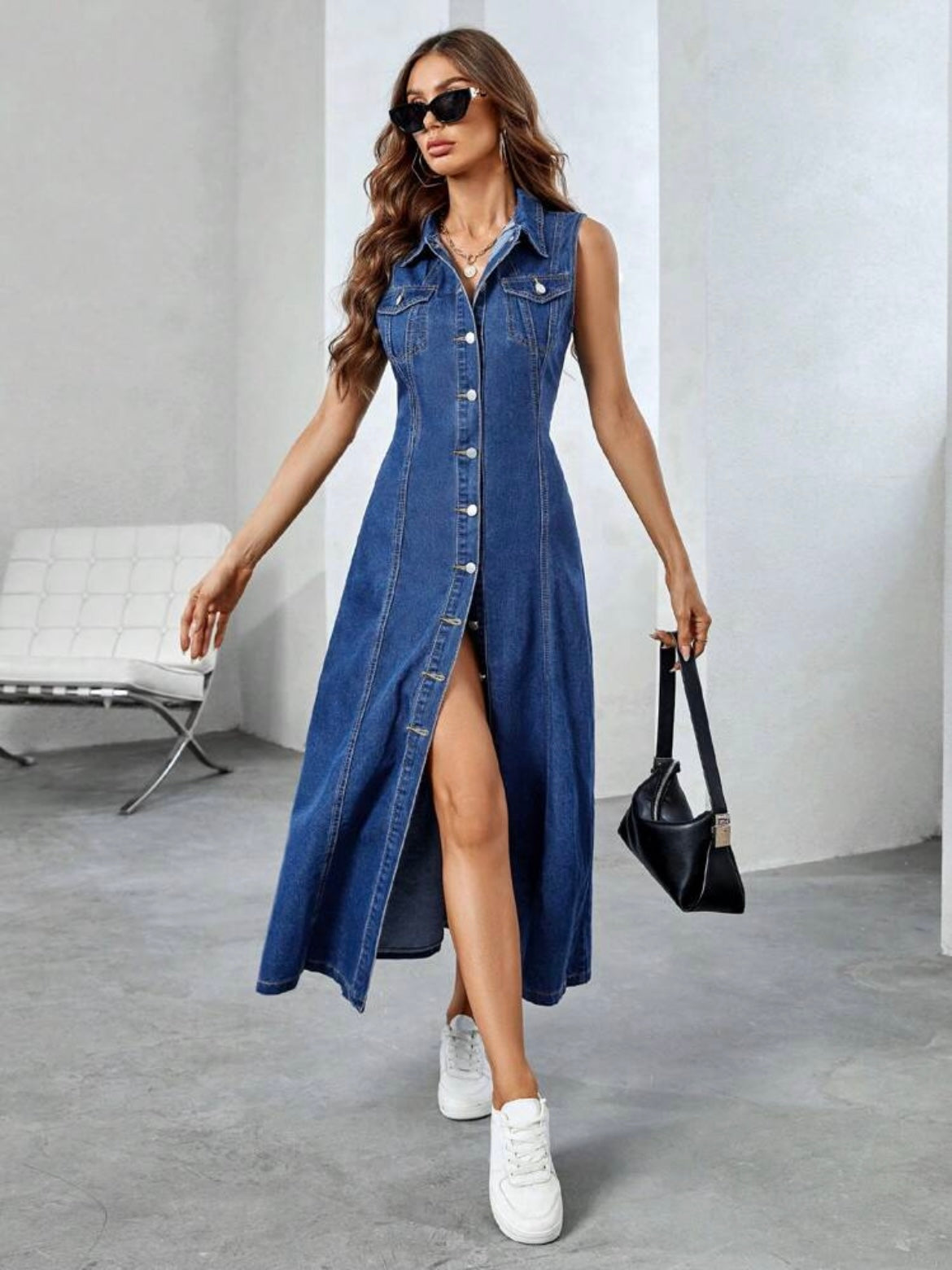 CM-DS254129 Women Casual Seoul Style Sleeveless Flap Pocket Button Front Denim Dress - Blue