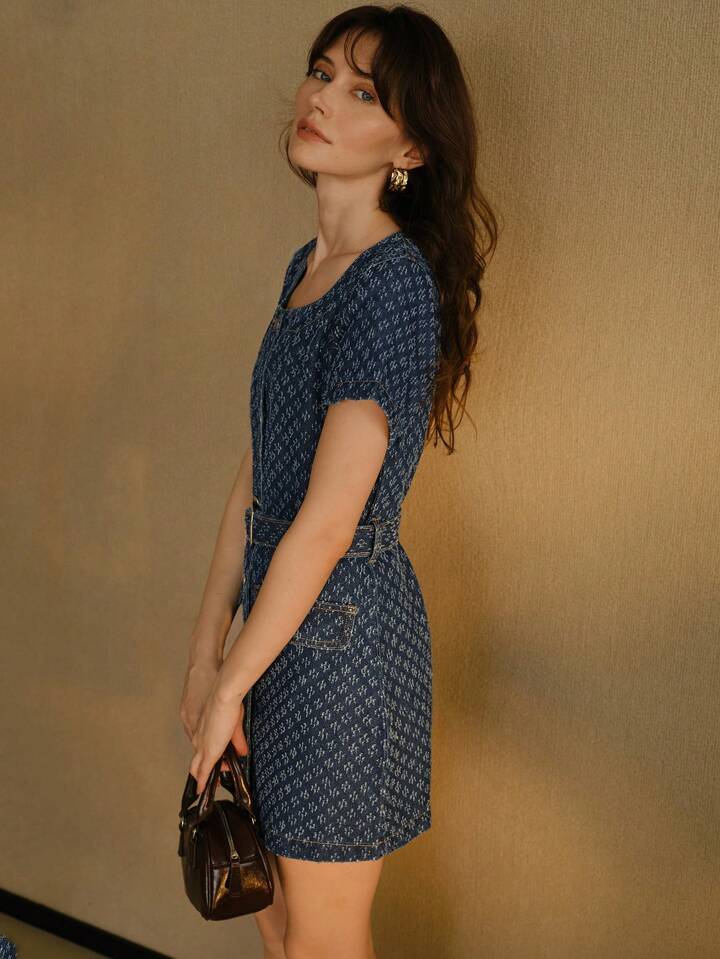 CM-DS258420 Women Casual Seoul Style Square Neck Flap Detail Buckle Belted Swiss Dot Denim Dress