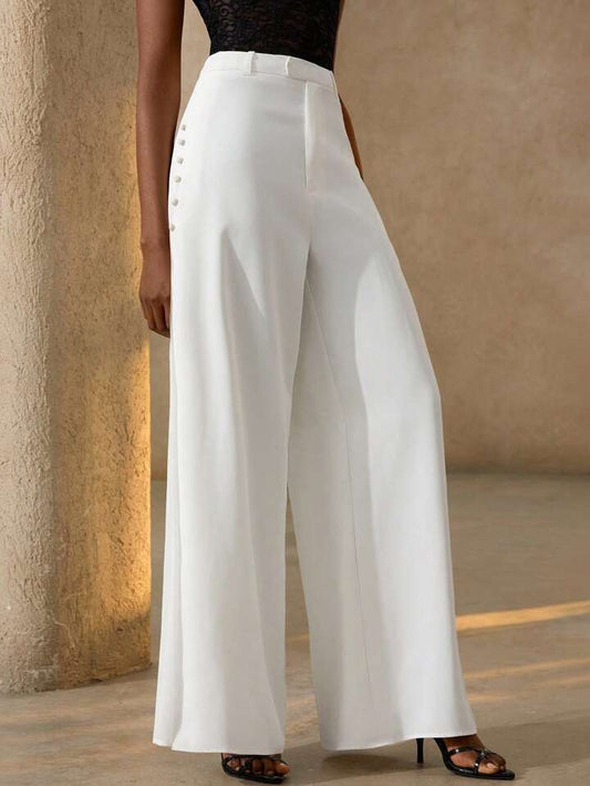 CM-BS180838 Women Casual Seoul Style Chiffon Pleated Patchwork Side Button Decor Wide Leg Pants - White